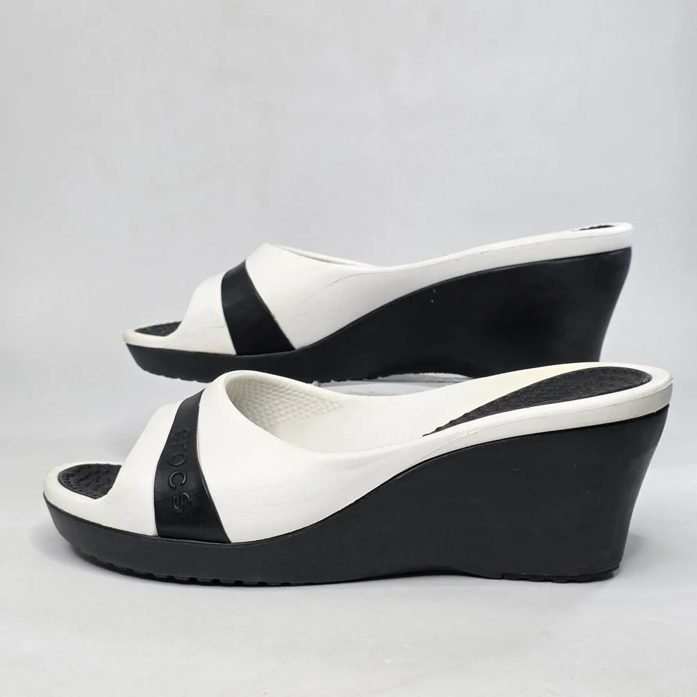 Crocs Sassari Wedge Sandals Women's Size 7 Black White Slides Slip On Shoes